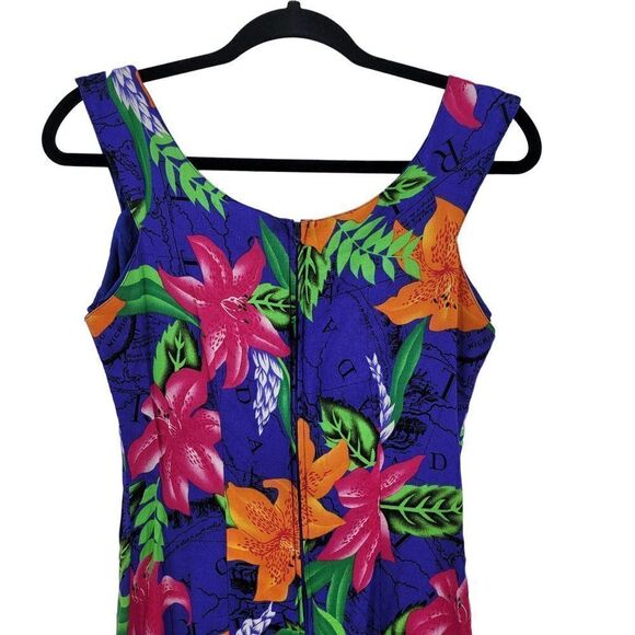 Vintage Blue Tropical Floral Sleeveless Mini Sheath Dress L Rayon USA Aloha Wear - Picture 8 of 10
